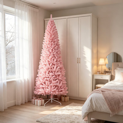 Sapin de Noël artificiel rose clair de 8 pi de style crayon non éclairé équipé de 1168 pointes de branches réalistes, support en acier stable inclus pour le dortoir des Fêtes