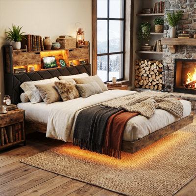 Floating Industrial Upholstered Storage Bed Frame With Charging Station, App Control LED & Hidden Headboard Compartment, 140X200cm Double / 160X200cm King