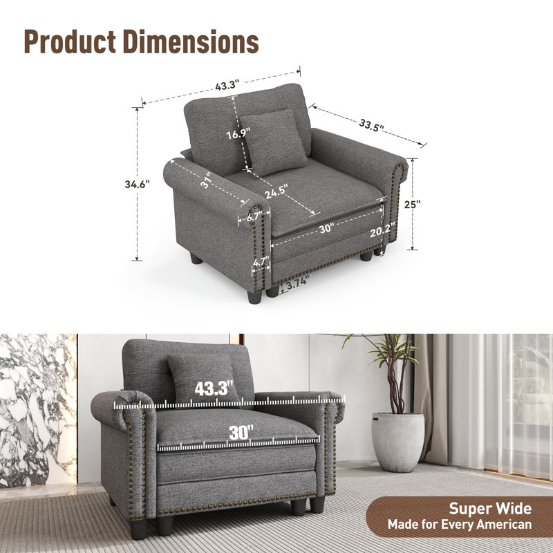 Deep Seat Accent Chair With Nailhead Trim and Throw Pillow, Light Grey Linen