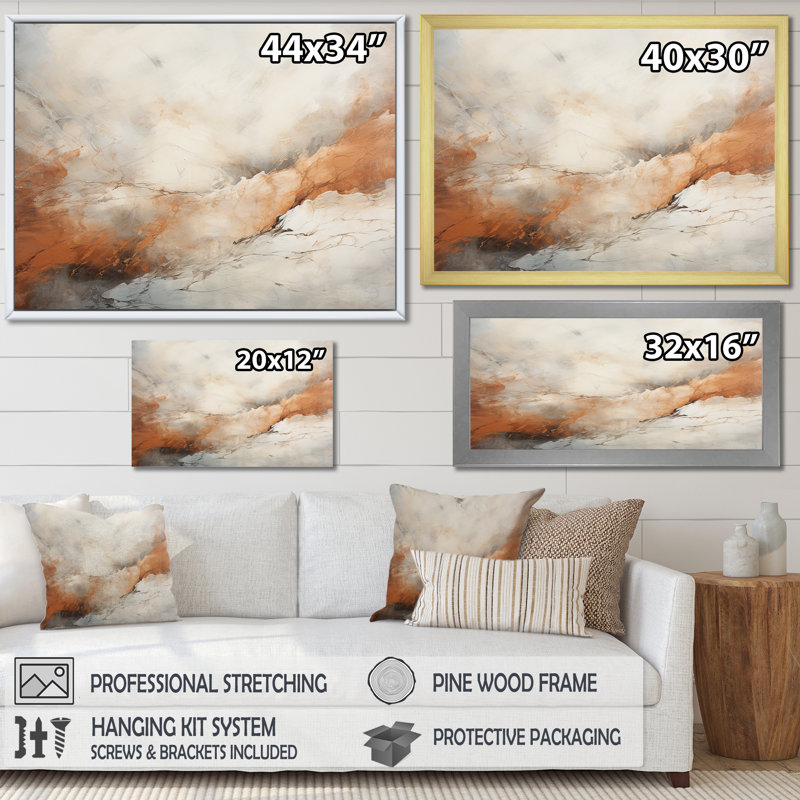 Art mural mural, montagnes de la rivière Minimalisme beige et orange, Cadre flottant blanc, H 34 po x l 44 po