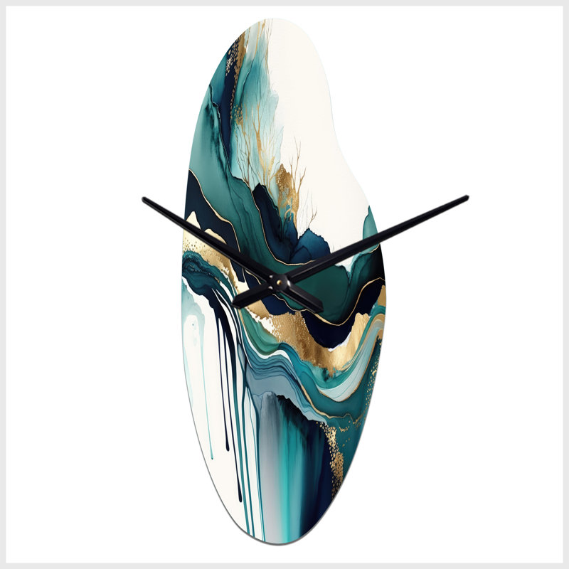 Horloge murale sarcelle et dorée, expression abstraite IV - encre liquide incurvée, horloge murale asymétrique turquoise