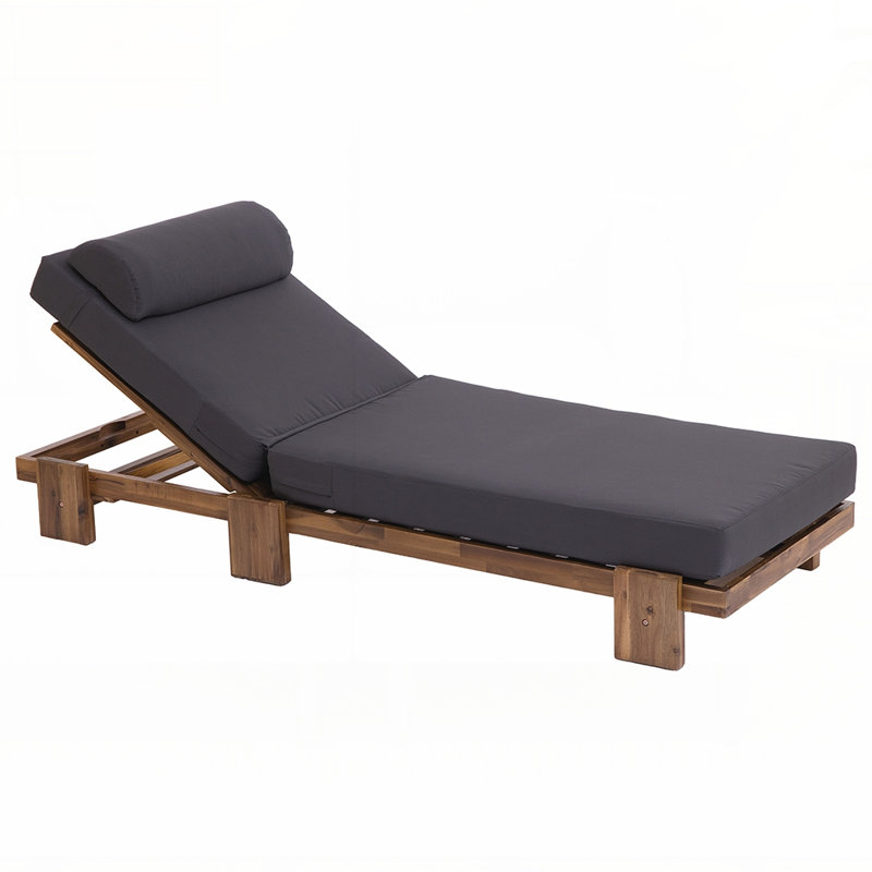 78.8'' Acacia Wood Outdoor Chaise Lounge, Adjustable Recliner with Headrest and Retractable Side Tray for Patio, Poolside, Garden, and Beach