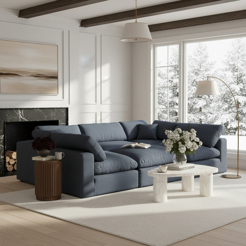 Canapé modulaire 6 pièces Husnein, Tissu texturé en lin bleu marine