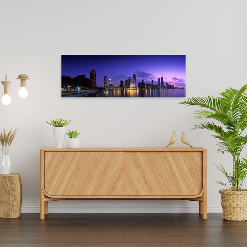 Night Skyline Chicago IL USA 1 Piece Wrapped Canvas Panoramic Wall Art, 30.48 cm H x 91.44 cm W