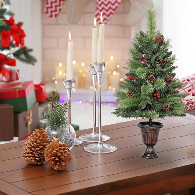 3 Ft Pre-Lit Mini Christmas Tree - 36 Inch Small Artificial Tabletop Christmas Tree with 70 LED Warm Lights, Pine Cone & Red Berry for Indoor Outdoor Home Office Holiday Party Decor