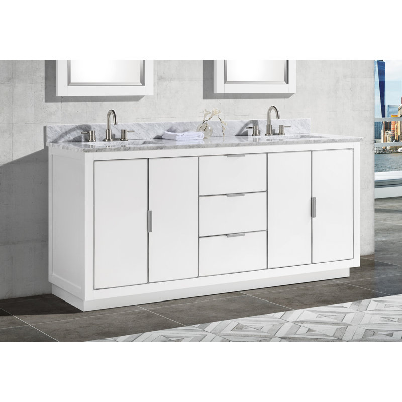 Ensemble de meuble-lavabo double 73 po Salise, Marbre blanc de Carrare / argent, Blanc