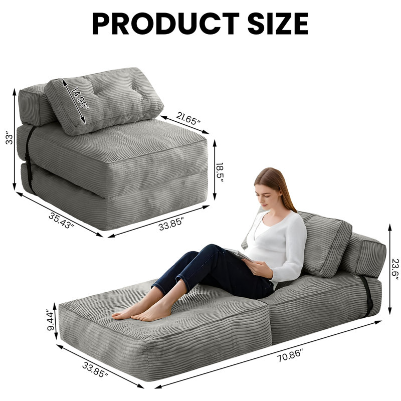 Convertible Flip Chair, Floor Couch Lazy Sofa, Corduroy Upholstered Folding Futon Sofa Bed With Adjustable Backrest, Foldable Lounge Mattress With Pillow For Living Room Bedroom