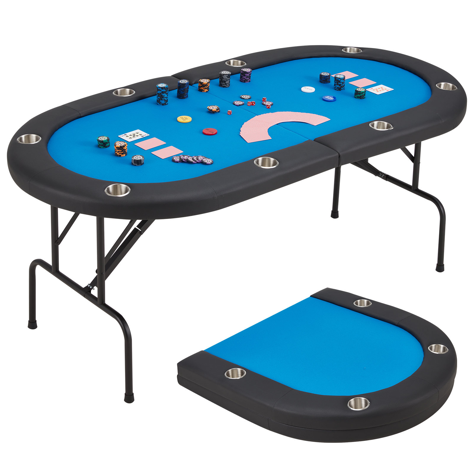 AVAWING Table De Poker Pliable 9 Joueurs – Porte-Gobelets Inox – Bleu, Taille Petite – Idéale Pour Soirées Et Voyages