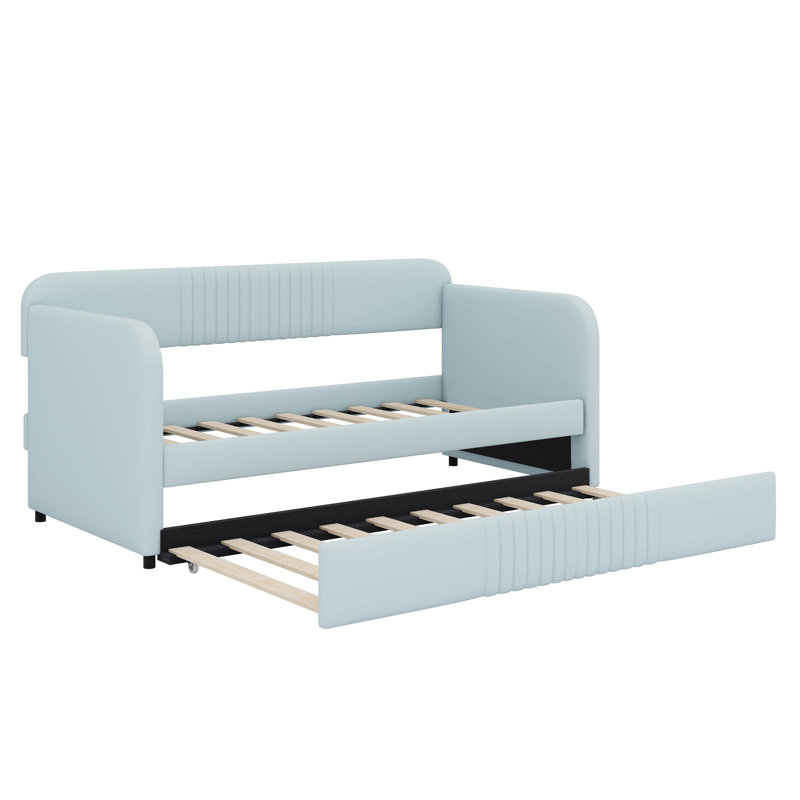 Twin Size Daybed Sofa With Integrated Trundle And Wooden Slats, Light Blue
