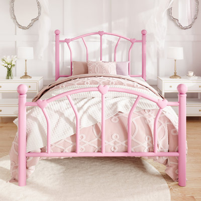 Structure de lit plateforme en métal avec tête et pied de lit, fleurons en forme de cœur et de boule, aucun sommier requis, rangement sous le lit de 12,6 po, assemblage facile