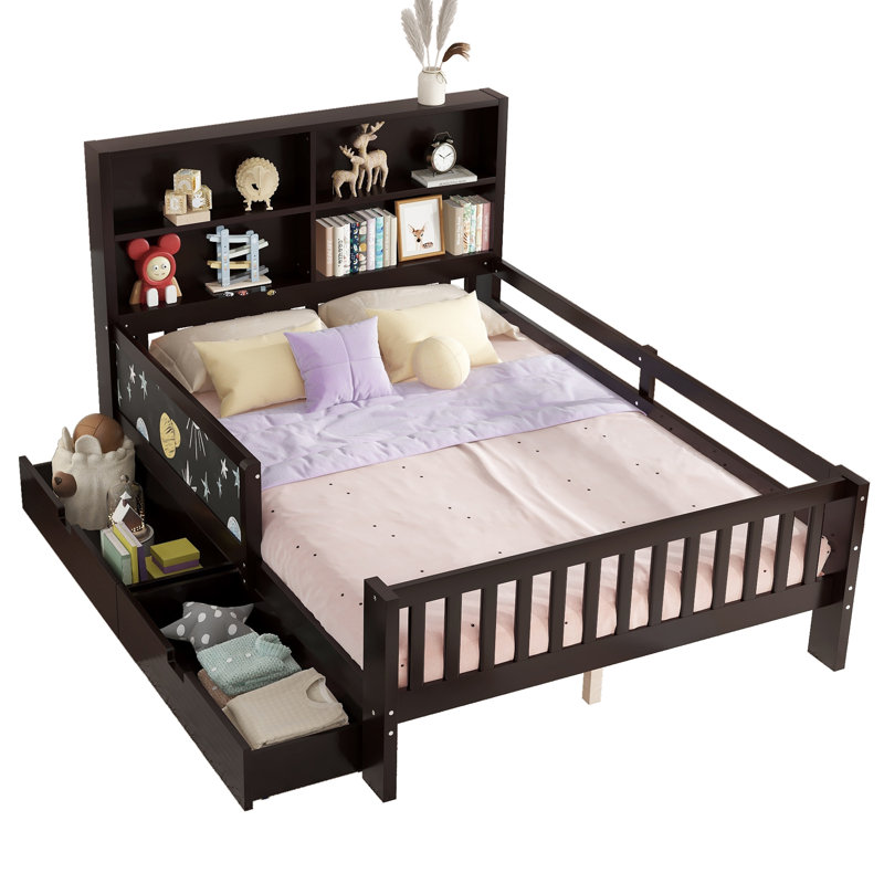 Lit plateforme en bois massif avec tiroirs et tablettes de rangement, Double, Espresso