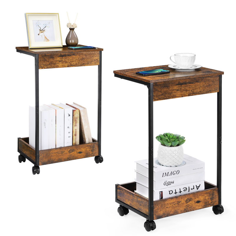 Table d'appoint en forme de C avec tablette de rangement (paquet de 2, brun rétro)