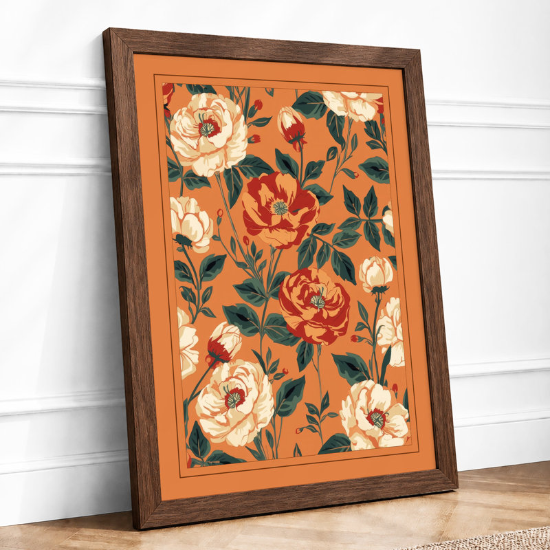 Roses On Burnt Orange Botanical - Print, Walnut, A1 - 84.1 x 59.4 cm