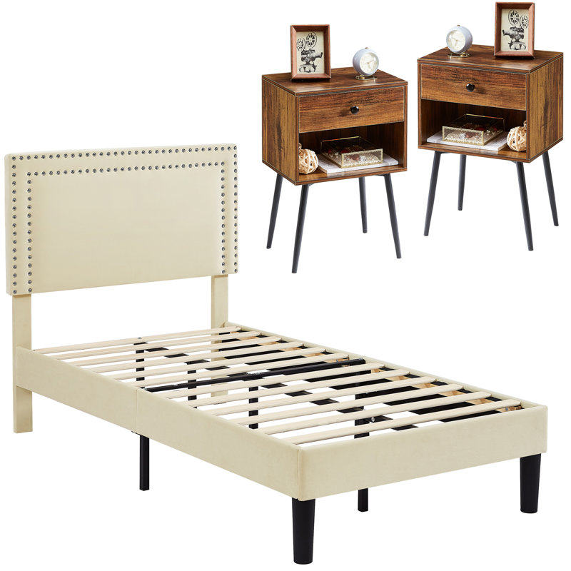 Keyona Steel Piece Bedroom Set, Brown/Cream, Twin