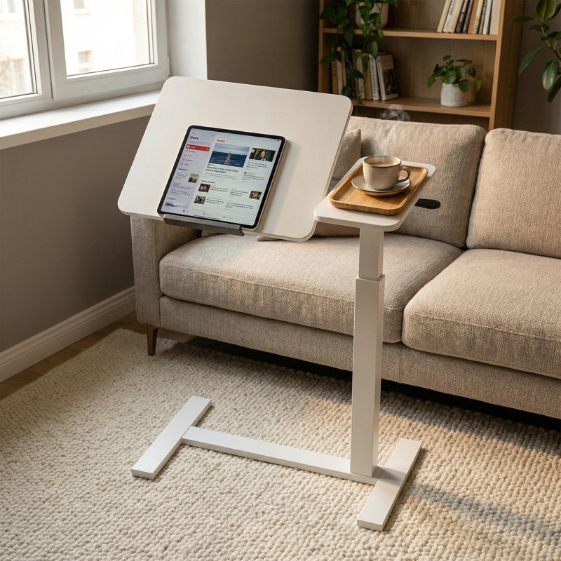 Bureau ajustable sur le dessus de lit avec dessus rabattable, table roulante pour ordinateur portable avec roulettes, blanc