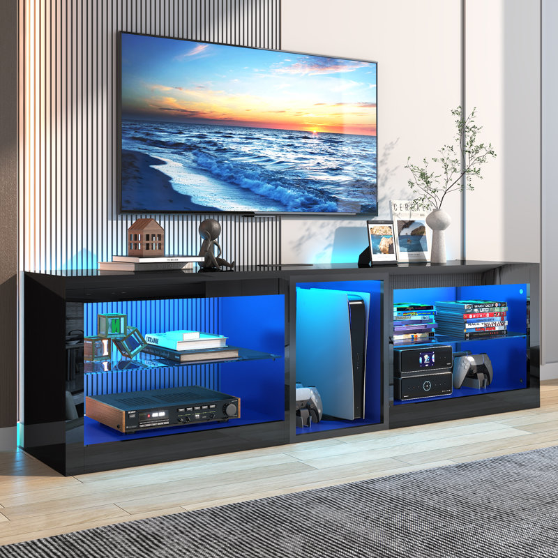63" Modern High-Gloss LED TV Stand for 65/70" TVs with Power Outlets, Adjustable Shelves, PS5 Compatible, Black, 63" W
