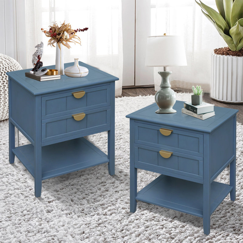 Table de chevet en bois massif Menisha, Bleu