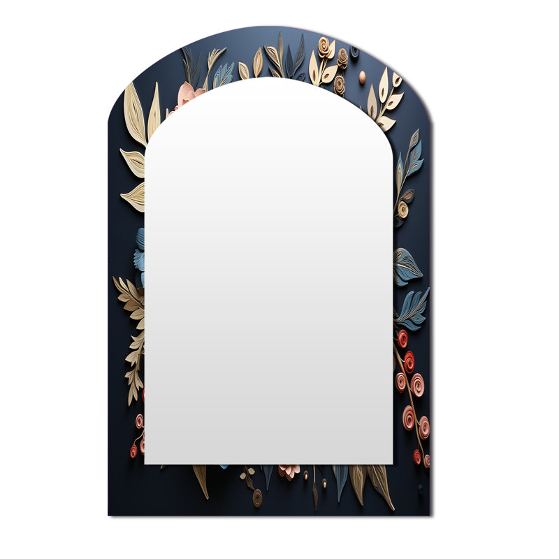 Orchidée bleue bleue Garden Of Branches III - Grand miroir mural arqué sur métal, 43 po x 33 po