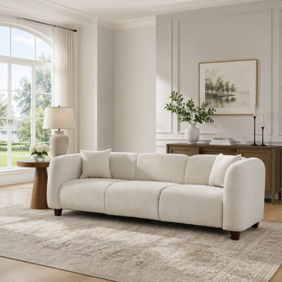 Canapé moderne à trois places revêtu de chenille avec coussins en mousse durables et pieds en bois massif pour une détente familiale confortable