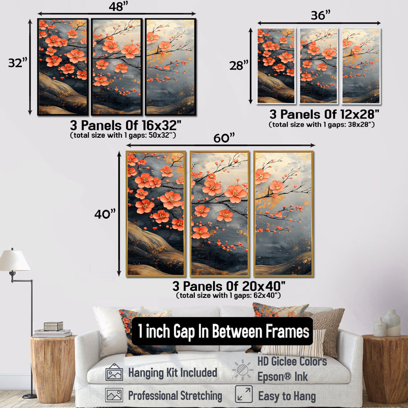 Ensemble de décoration murale branche de fleur d'oranger sur Golden River II - fleur de cerisier, H 28 po x l 36 po x P 1 po