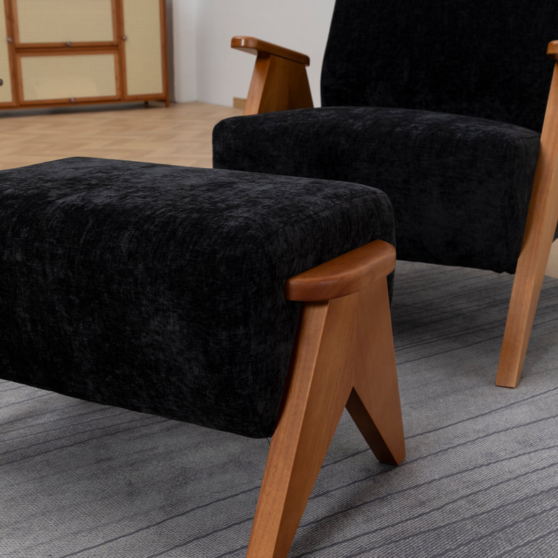 Chenille Upholstered Armchair With Matching Ottoman, Black