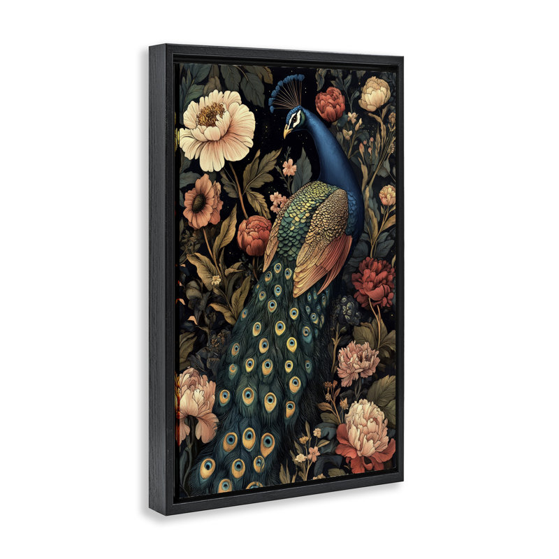 Paon rétro dans un cadre flottant floral, design par Petal Prints Design, Cadre flottant noir de jais, H 25 po x l 17 po