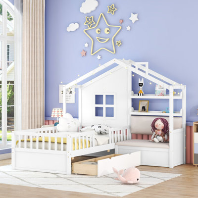 Lit House avec canapé, lit plateforme pour enfants avec deux tiroirs et tablette de rangement