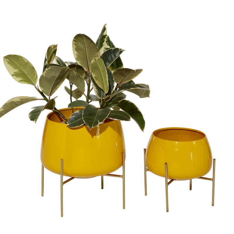 Keneen 2 Piece Metal Indoor Outdoor Planter with Removable Stand Set, Yellow