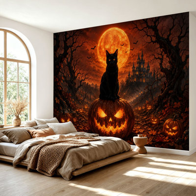 Wall Mural Peel and Stick Wallpaper Black Cat Glowing Jack-o'-lantern Spooky Halloween Forest Full Moon Haunted Self-Adhesive Removable Contact Paper Wall Decor for Living Room Bedroom 69"H x 96"W