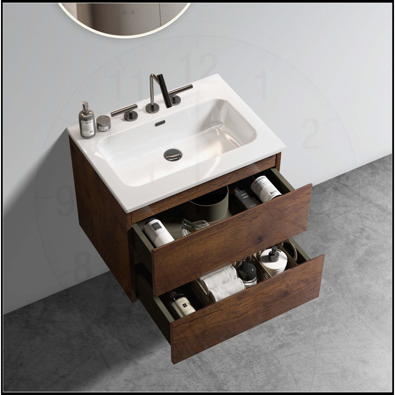 Meuble-lavabo mural avec lavabo en céramique et rangement spacieux, idéal pour les salles de bain modernes, Noyer, 24"