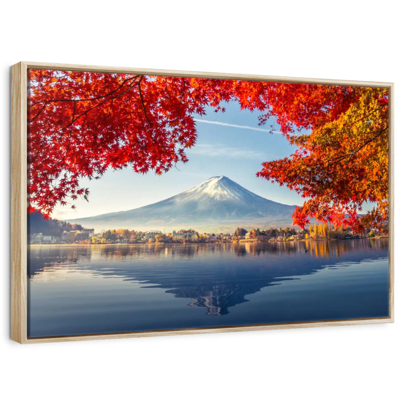 Mont Fuji - automne, Cadre flottant en bois naturel, 43 po x 29 po