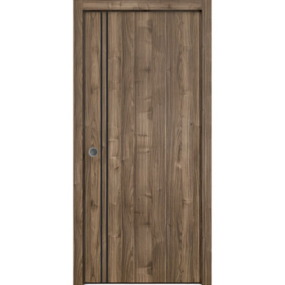 Porte coulissante avec ensemble de garnitures et quincaillerie Planum 0016 en noyer massif pour chambre à coucher - 42 po x 84 po
