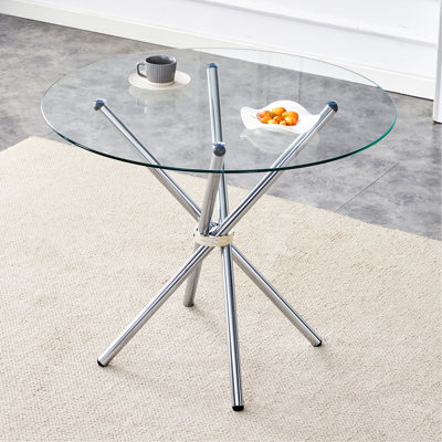 Table de salle à manger ronde en verre transparent avec une forme unique pour 4 à 6 personnes, avec des pieds en métal argenté en forme d'anneau, convenant aux bureaux, aux cuisines, aux terrasses et aux salles à manger. W1151P208336