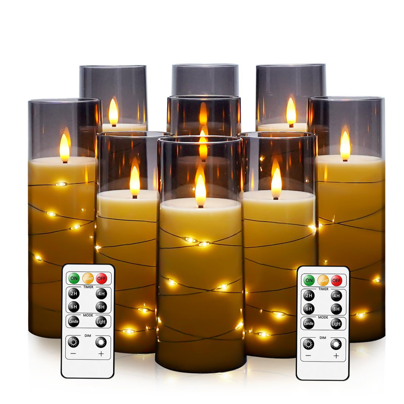 Flameless LED Candles with Timer, 9 Pieces Flickering Flameless Candles, Create Romantic Atmosphere and Home Decoration, Stable Acrylic Shell with Embedded Star String