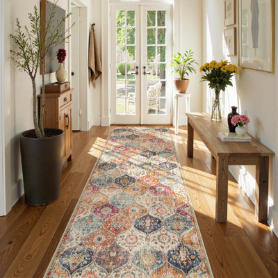 Moroccan Trellis Washable Runner Rug, 2X6 Kitchen Runners For Hallways 6 Feet Non Slip, Vintage Laundry Room Rug Ultra-Thin Carpet For Bathroom Bedroom Entryway Elise, Cream/Multi