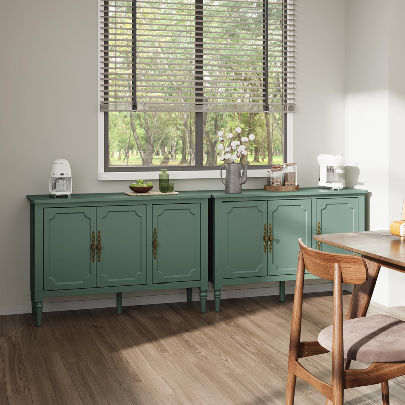 Green 3-Door Storage Cabinet With Adjustable Shelves And Turned Legs Set Of 2