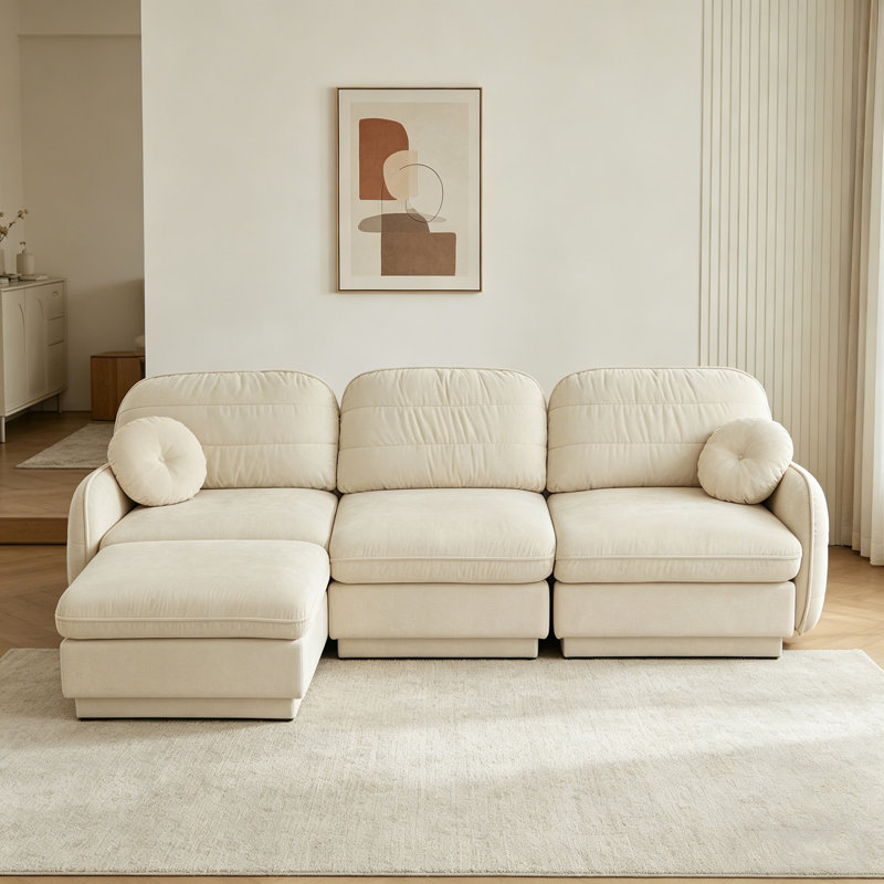 Canapé surdimensionné en chenille de 105 po avec dossier matelassé et coussins ronds, siège profond pour le salon, beige crème