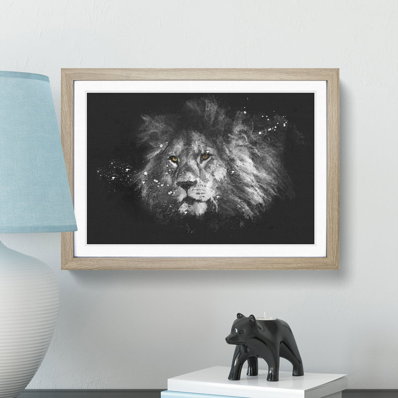 Lion With Piercing Eyes Paint Splash - Picture Frame Graphic Art, 24cm H x 33cm W x 2cm D, Oak Framed