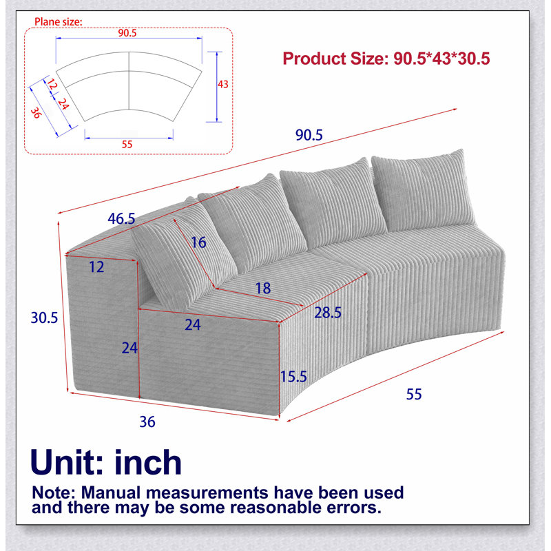 Canapé modulaire incurvé en velours côtelé avec 4 coussins Corduroy, Beige