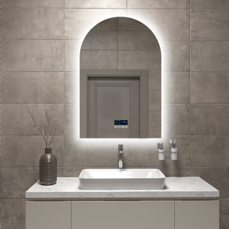Arched Bathroom Mirror With Led Lights And Built-in Bluetooth Speaker, Time Temperature Display Unit - Smart Lighted Vanity Makeup Wall Mounted Mirrors - 3 Lights Setting Anti-fog Dimmable Ip56