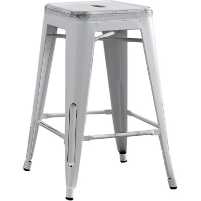 Backless Modern Light Weight Industrial Contemporary Rustic Vintage Costal Metal Bar Stools Without Back and 4 Leg Design (Set of 2) (24" Seat, Distressed White) 16" W x 16" D x 24" H Metal 2 Piece White) Antique White