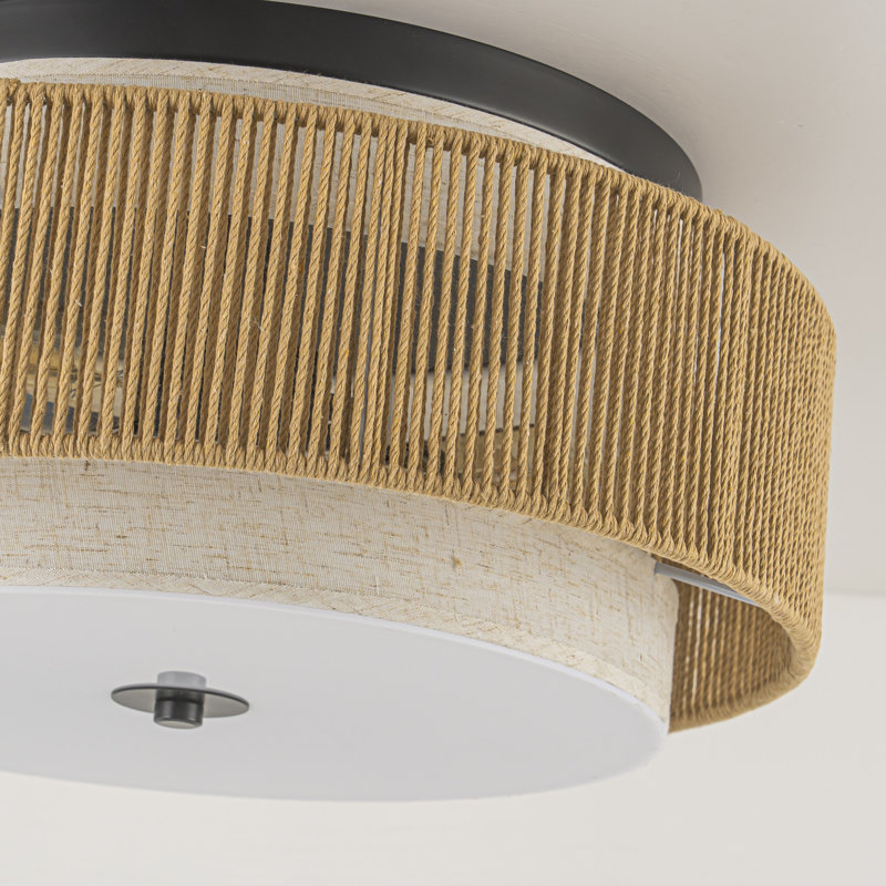 3-Light Natural Rattan Drum Flush Mount, Black