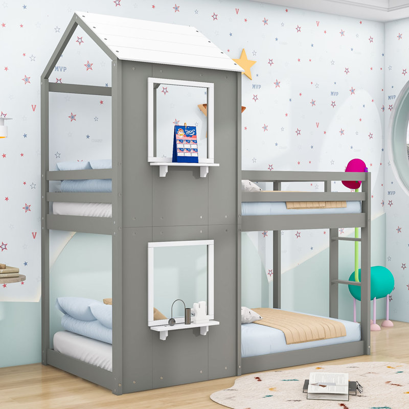 Lit superposé simple au-dessus de simple avec échelle Playhouse, Gris