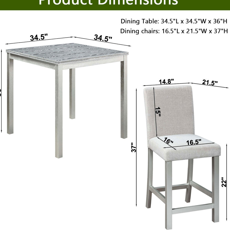 Table 5 pièces à hauteur de comptoir avec structure carrée et 4 chaises rembourrées en gris argenté