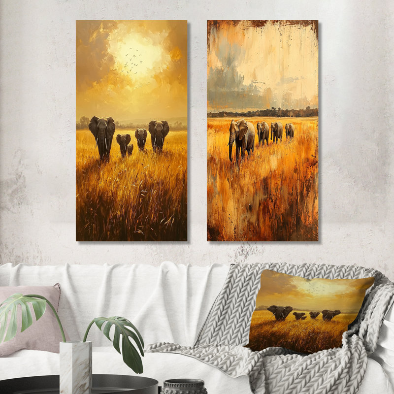 «Elephants Crossing The Savannah I», collection d'art mural animaux 2 pièces, H 28 po x l 25 po, Toile tendue