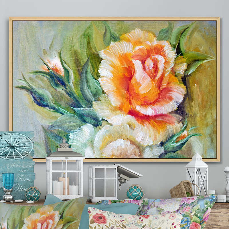Roses jaunes - reproduction sur toile, H 24 po x l 36 po x P 1 po, Cadre flottant brun