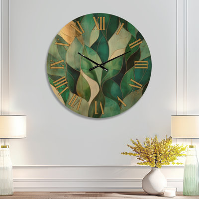 Horloge murale silencieuse Art Déco « Cascade de feuilles d'émeraude », imprimée sur bois