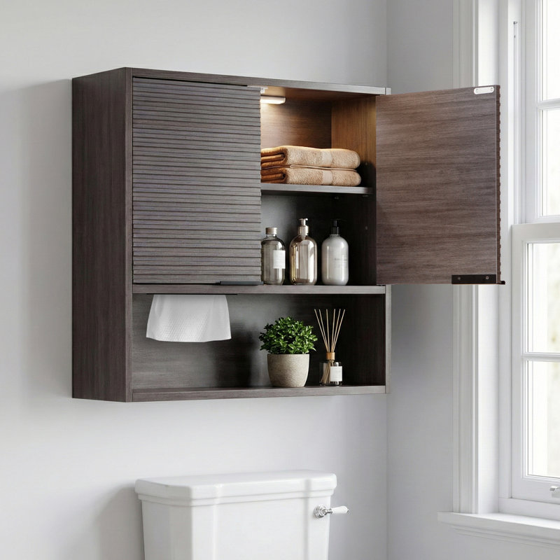Wall-mounted Bathroom Over-the-toilet Cabinet With Motion Sensor Led And Built-in Tissue Holder In Natural Oak, Gray