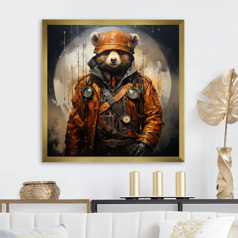 Art mural Steampunk Fashion II - Ours 2, Cadre doré simple, H 36 po x l 36 po x P 1,5 po