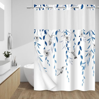 No Hook Shower Curtain With Snap In Liner - Floral Shower Curtain - Fabric Waterproof Inner Liner, Plants Flowers Cloth Shower Curtains Washable, 71 X 74 Inch